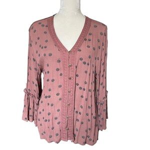 Maurices Womens Pink Floral Daisy Print Bell Sleeves Top Size S Hippie Bohemian